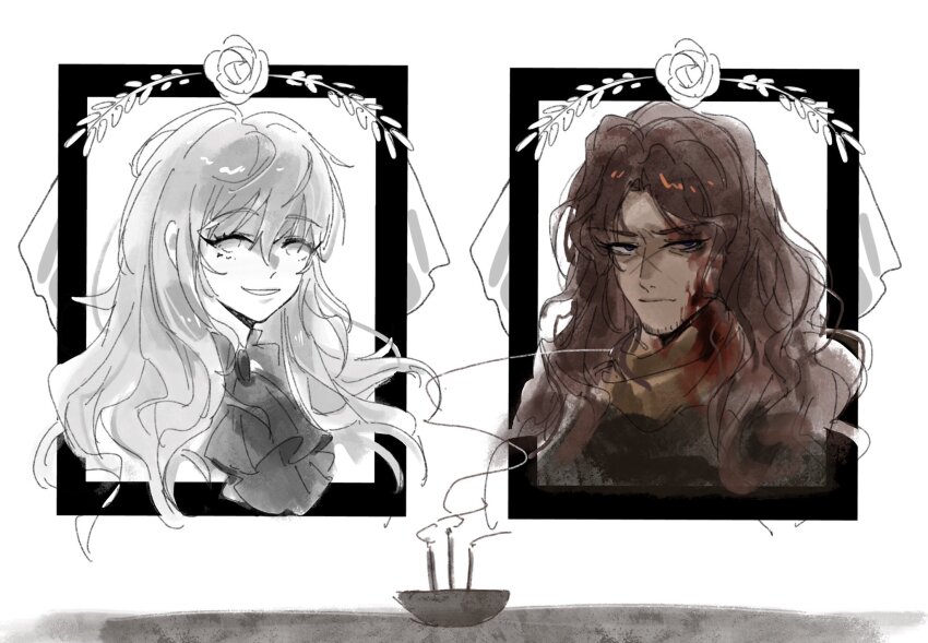 1boy, 1girl, ascot, blood, blood_on_face, brown_coat, brown_hair, catherine_(project_moon), coat, erlking_heathcliff_(project_moon), every_catherine_(project_moon), flower, grey_ascot, grey_hair, heathcliff_(project_moon), highres, iei, incense, limbus_company, long_hair, looking_at_viewer, open_mouth, project_moon, rose, simple_background, smile, two_foxes_met, white_background, white_flower, white_rose