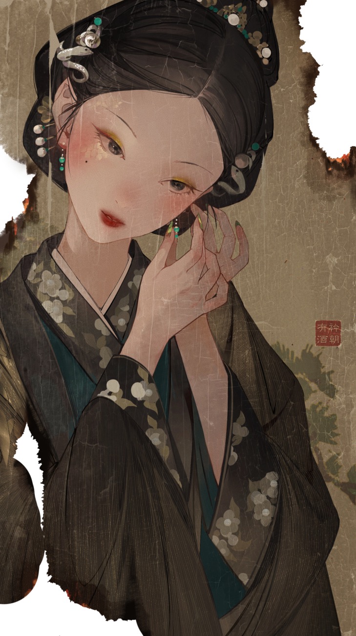 1girl, black_eyes, black_hair, burnt, chinese_clothes, chinese_hairpin, earrings, east_asian
