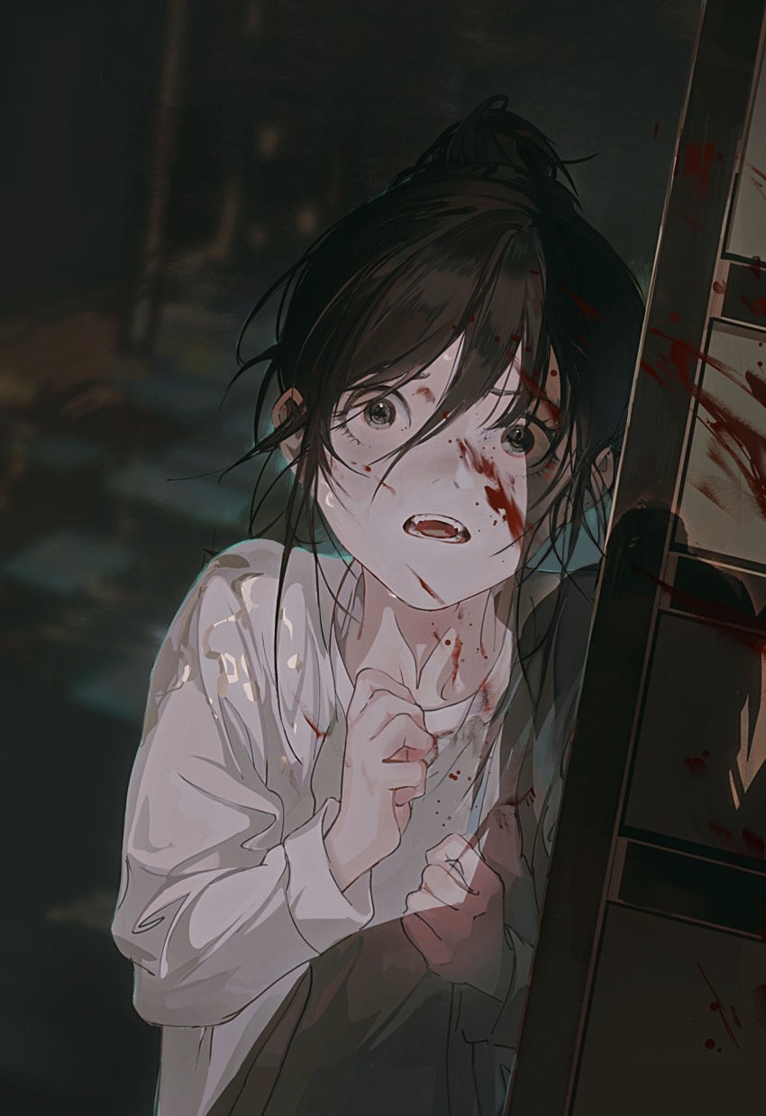 1girl, black_eyes, black_hair, blood, blood_on_face, blood_splatter, child, fangs