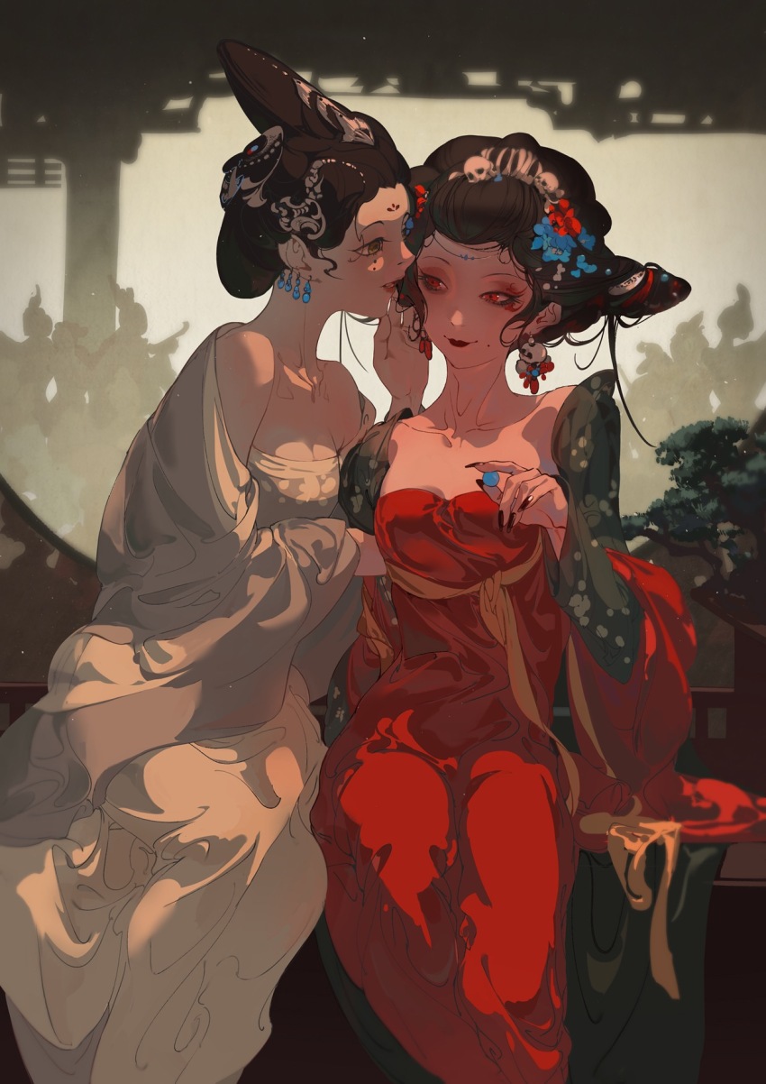 2girls, ball, bench, black_hair, breasts, chinese_clothes, cleavage, collarbone, dress, earrings, eyeliner, facial_mark, feet_out_of_frame, fingernails, forehead_mark, hanfu, highres, holding_another's_arm, huadian, jewelry, long_fingernails, makeup, mark_under_eye, mole, mole_under_mouth, multiple_girls, original, profile, qixiong_ruqun, red_dress, red_eyes, red_lips, red_nails, shawl, sitting, skull_earrings, smile, upturned_eyes, weizhidaodao, whispering_in_ear, white_dress, white_shawl, yuri