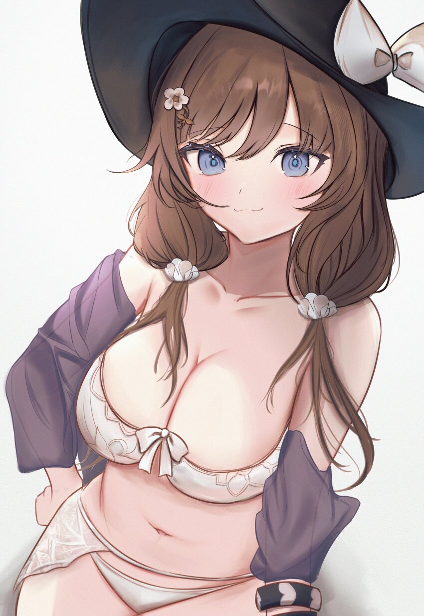 1girl, :3, absurdres, alternate_hair_length, alternate_hairstyle, bikini, black_hat, blue_eyes