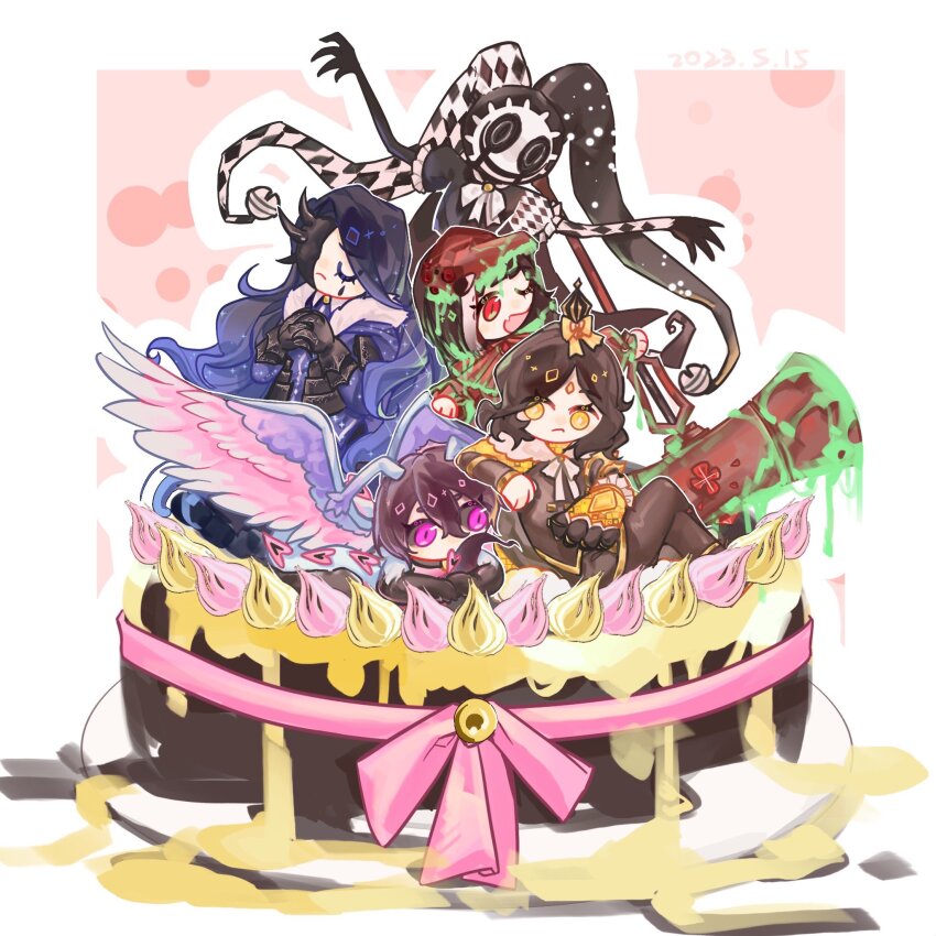 5boys, birthday_cake, black_hair, black_jacket, blind_rage_(e.g.o), blood, blue_hair, blue_wings, cake, cape, closed_eyes, closed_mouth, e.g.o_(project_moon), food, gold_rush_(e.g.o), gradient_hair, green_blood, hammer, hat, highres, holding, holding_hammer, in_the_name_of_love_and_hate_(e.g.o), jacket, jester_cap, library_of_ruina, long_hair, medium_hair, mini_person, miniboy, multicolored_hair, multiple_boys, nihil_(e.g.o), parted_bangs, pink_eyes, project_moon, red_eyes, roland_(project_moon), the_sword_sharpened_with_tears_(e.g.o), two_foxes_met, very_long_hair, wings, yellow_cape, yellow_eyes