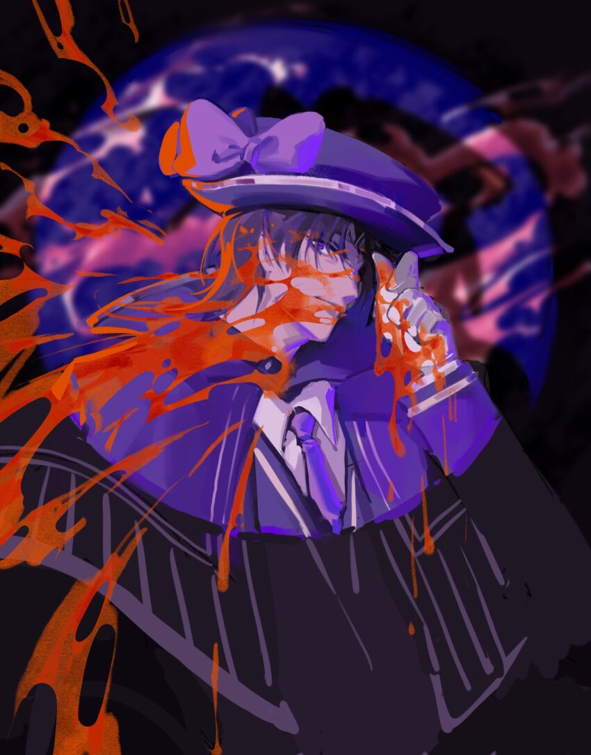 1boy, black_capelet, black_hat, black_jacket, blood, blood_on_clothes, blood_on_face, bow