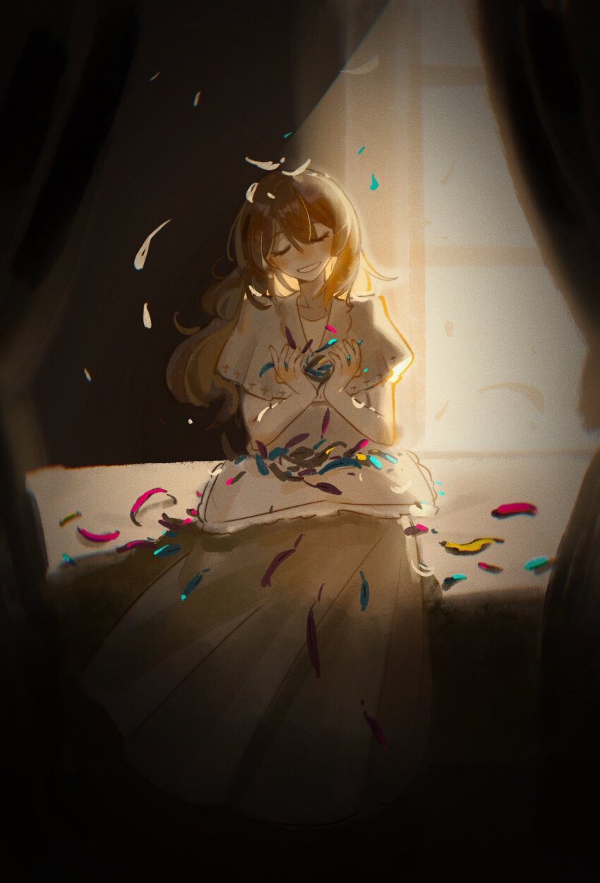 1girl, bed_sheet, brown_hair, catherine_(project_moon), closed_eyes, curtains, dress, feathers