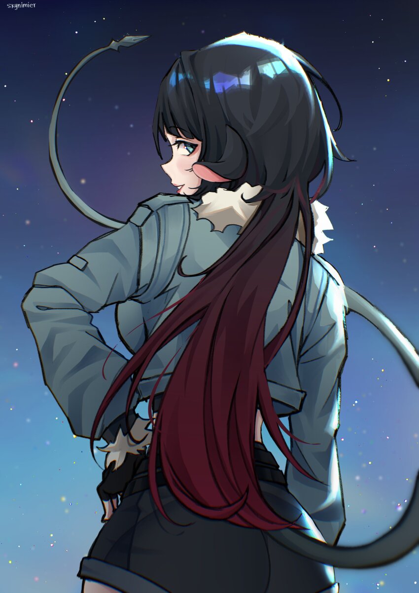 1girl, absurdres, animal_ears, aqua_eyes, from_behind, fur-trimmed_jacket, fur_trim, highres