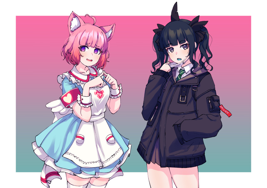 2girls, aisu_koffie, alternate_costume, alternate_hairstyle, animal_ear_fluff, animal_ears, antenna_hair, artemis_of_the_blue
