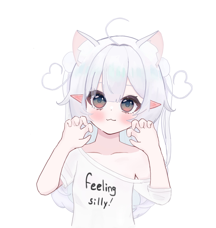 1girl, :3, ahoge, animal_ears, blush, cat_ears, child, clothes_writing