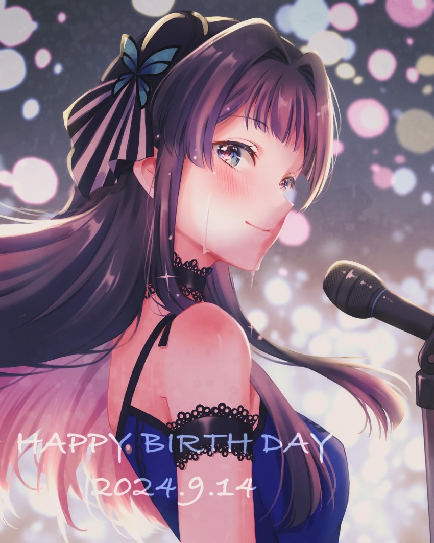 1girl, arm_garter, arms_at_sides, bare_shoulders, birthday, black_arm_garter, black_choker, black_hair, blue_dress, blue_hair, blush, breasts, butterfly_hair_ornament, choker, closed_mouth, commentary_request, concert, crying, crying_with_eyes_open, dated, dress, english_text, eyelashes, frilled_choker, frills, from_side, hair_ornament, happy_birthday, highres, idol, idol_clothes, idolmaster, idolmaster_million_live!, idolmaster_million_live!_theater_days, indoors, kori_(spinsongs), light_smile, long_hair, looking_at_viewer, looking_to_the_side, microphone, microphone_stand, mogami_shizuka, official_alternate_costume, sidelocks, sideways_mouth, sleeveless, sleeveless_dress, small_breasts, smile, solo, standing, straight_hair, streaming_tears, tears, upper_body