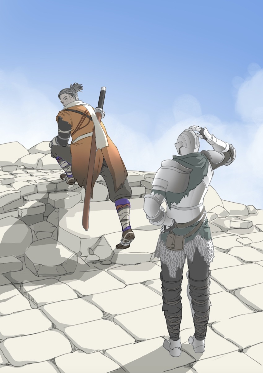 2boys, armor, ashen_one_(dark_souls), coat, dark_souls_(series), fromsoftware, grey_scarf, hakama