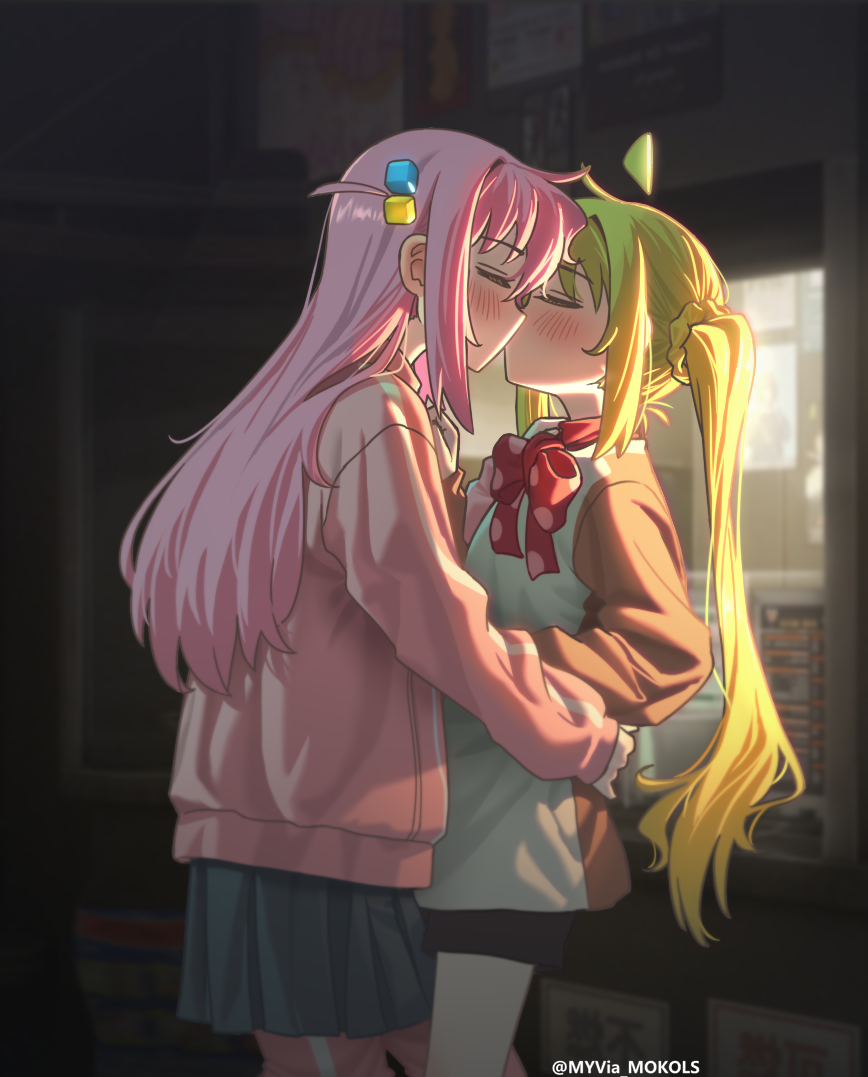 2girls, ahoge, black_shorts, blonde_hair, blush, bocchi_the_rock!, bow, bowtie, closed_eyes, cube_hair_ornament, detached_ahoge, facing_another, gibberish_commentary, gotoh_hitori, grey_skirt, hair_ornament, hug, ijichi_nijika, indoors, jacket, kiss, long_hair, long_sleeves, multiple_girls, myvia_mokols, orange_sweater, pants, photo_background, pink_hair, pink_jacket, pink_pants, pleated_skirt, polka_dot_bow, polka_dot_bowtie, red_bow, red_bowtie, shorts, side_ponytail, sidelocks, skirt, sweater, track_jacket, track_pants, twitter_username, white_sweater, yuri