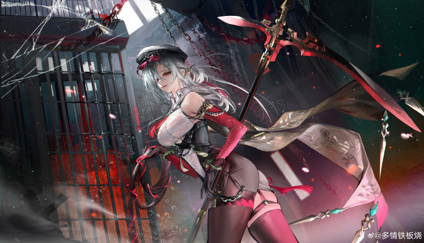 1girl, absurdres, arm_warmers, bare_shoulders, black_gloves, black_hat, black_pantyhose, black_shorts