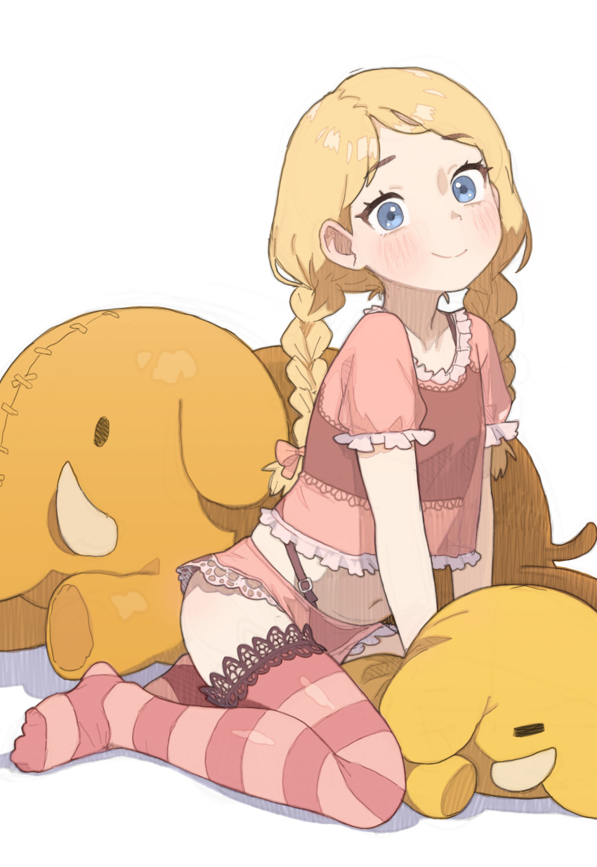 1girl, arm_support, baraag, blonde_hair, blue_eyes, blush, bow, braid, closed_mouth, commentary, commentary_request, english_commentary, flat_chest, frilled_sleeves, frills, from_side, full_body, hair_bow, highres, kneeling, leaning_forward, linnea_(baraag), loli, long_hair, looking_at_viewer, looking_to_the_side, low_twintails, mixed-language_commentary, navel, no_shoes, panties, pink_bow, pink_panties, pink_shirt, pink_thighhighs, possummachine, see-through_clothes, see-through_shirt, shirt, short_sleeves, simple_background, smile, solo, striped_clothes, striped_thighhighs, stuffed_animal, stuffed_elephant, stuffed_toy, thighhighs, twin_braids, twintails, underwear, white_background