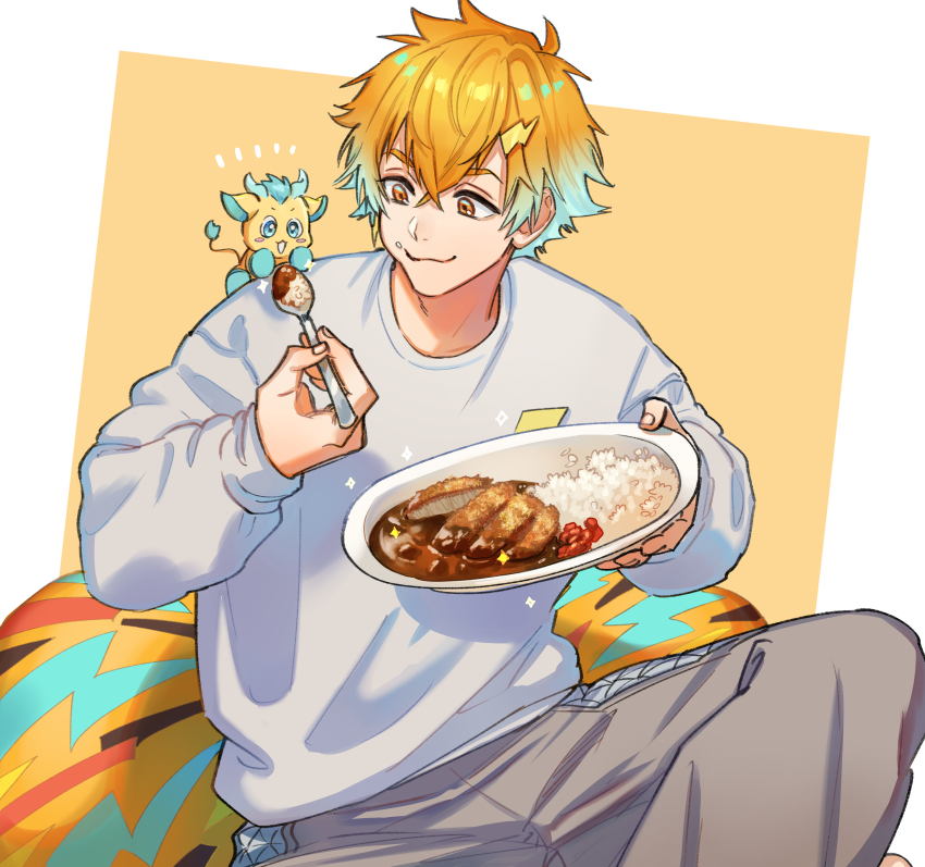 1boy, absurdres, aragi_suisei, bean_bag_chair, blue_hair, closed_mouth, commentary_request, crossed_bangs