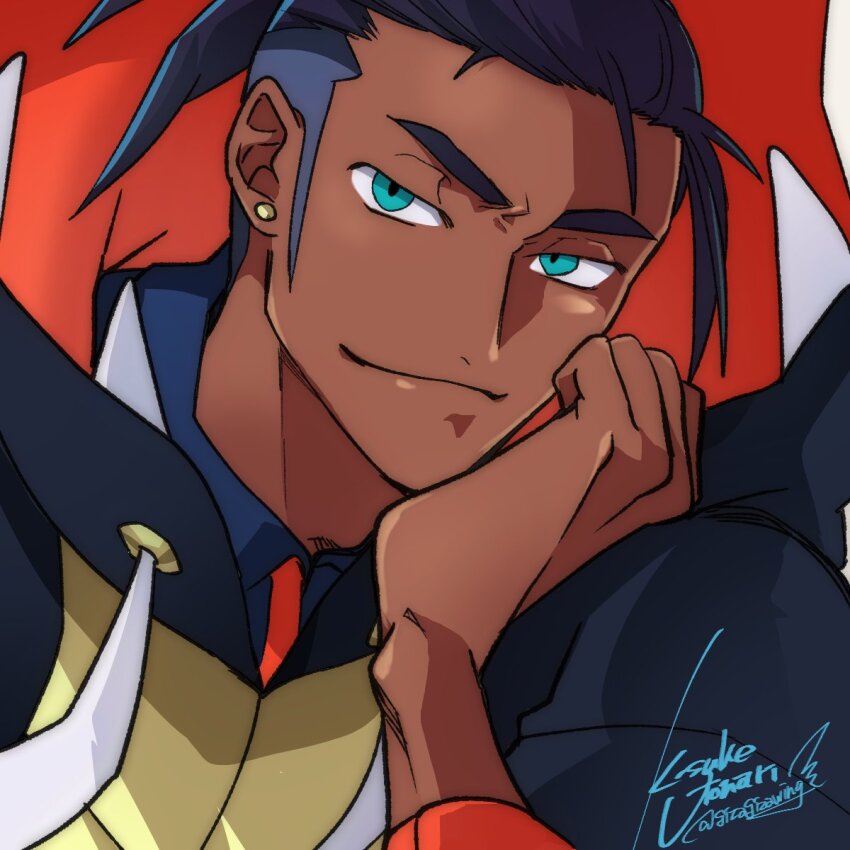 1boy, aqua_eyes, arm_up, black_hair, closed_mouth, commentary, curled_fingers, dark-skinned_male