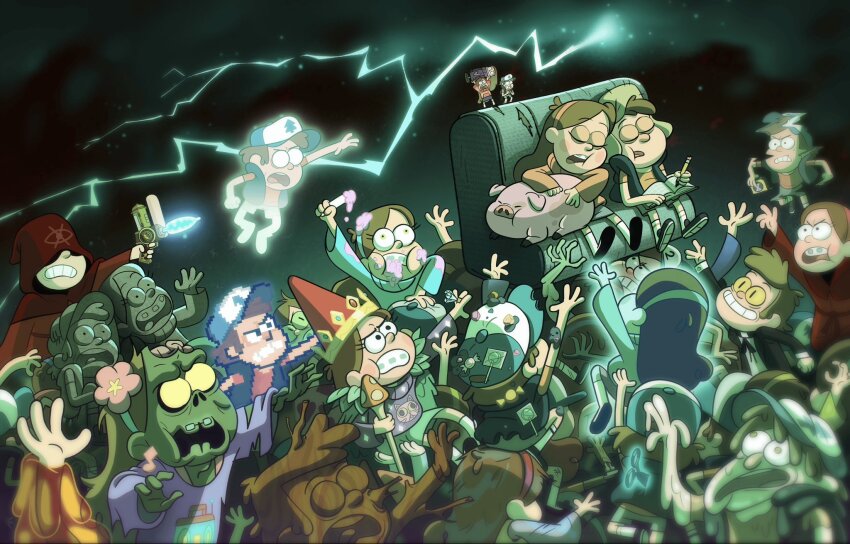 6+boys, 6+girls, alternate_costume, angry, animal_print, aqua_collar, aqua_hair, aqua_sleeves, aqua_sweater, baseball_cap, bill_cipher, black_collar, black_eyes, black_footwear, black_jacket, black_ribbon, black_sky, black_sleeves, blue_vest, blush_stickers, bone, book, book_of_bill, bra, braces, brain, branch, brother_and_sister, brown_hat, candy, cape, cat_print, chair, child, claw_pose, claws, clerical_collar, cloak, closed_eyes, closed_mouth, collar, collared_jacket, collared_sweater, colored_sclera, commentary, covered_eyes, crown, dipper_pines, dual_persona, earrings, english_commentary, evil_smile, exposed_brain, eye_print, eyelashes, flats, flower, fluffy_hair, foaming_at_the_mouth, food, food_on_hair, fur_hat, furrowed_brow, ghost, glowing, gold_crown, gravity_falls, green_cape, grey_shorts, gun, hairband, hat, highres, holding, holding_gun, holding_pencil, holding_staff, holding_stick, holding_weapon, hood, hood_down, hood_up, hooded_cloak, horror_(theme), ian_worrel, injury, jacket, jewelry, joe_pitt, jpeg_artifacts, kneehighs, light_brown_hair, lightning, lollipop, long_sleeves, mabel_pines, melting, memory_gun, mini_person, miniskirt, multiple_boys, multiple_girls, mushroom, neck_ribbon, no_pupils, official_art, on_chair, open_book, open_clothes, open_hand, open_hands, open_jacket, open_mouth, outdoors, outstretched_arms, outstretched_hand, partially_submerged, pencil, petrification, pig, pink_bra, pink_collar, pink_flower, pink_sleeves, pink_sweater, pixel_art, possessed, priest, print_headwear, print_hood, print_sleeves, purple_collar, purple_sleeves, purple_sweater, reaching, reaching_towards_another, red_cloak, red_hairband, red_hat, red_hood, red_robe, red_shirt, ribbon, ring, robe, scissors, second-party_source, shirt, shoes, short_sleeves, shorts, siblings, sitting, sitting_on_person, skirt, sky, sleeping, sleeping_on_person, slit_pupils, smile, sneakers, socks, stab, staff, star_(sky), starry_sky, stick, surprised, sweater, t-shirt, teeth, tongue, toon_(style), torn_clothes, torn_hat, torn_sleeves, torn_vest, tree_print, turtleneck, turtleneck_sweater, twins, two-tone_hat, tyrone_(gravity_falls), underwear, ushanka, v-shaped_eyebrows, vest, waddles, weapon, wet, white_shirt, white_socks, wide-eyed, wide_mouth, wide_sleeves, wrapped_candy, yellow_eyes, yellow_hairband, yellow_sclera, yellow_sleeves, yellow_vest, zombie