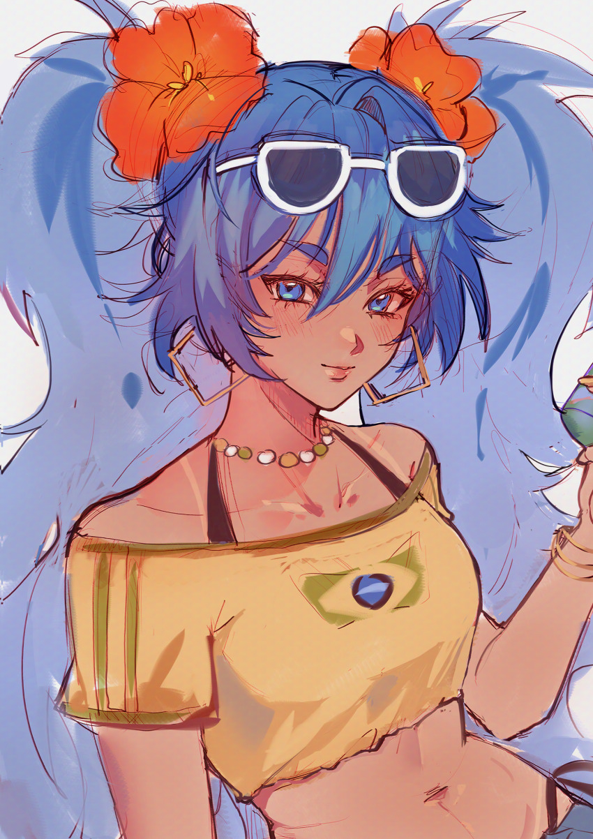 1girl, alternate_costume, alternate_skin_color, bead_choker, beads, bikini, bikini_under_clothes, blue_eyes, blue_hair, blush, borrowed_design, bracelet, brazilian_flag, brazilian_flag_print, brazilian_miku, can, closed_mouth, commentary, crop_top, earrings, eyewear_on_head, flag_print, flower, grey_background, hair_flower, hair_ornament, hatsune_miku, hibiscus, highres, holding, holding_can, jewelry, lilinee, looking_at_viewer, midriff, multiple_bracelets, navel, off-shoulder_shirt, off_shoulder, rectangular_earrings, shirt, side-tie_bikini_bottom, sketch, solo, sunglasses, swimsuit, tan, tanline, upper_body, vocaloid
