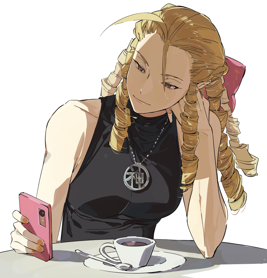 1girl, absurdres, antenna_hair, blonde_hair, bow, brown_eyes, cellphone, cup