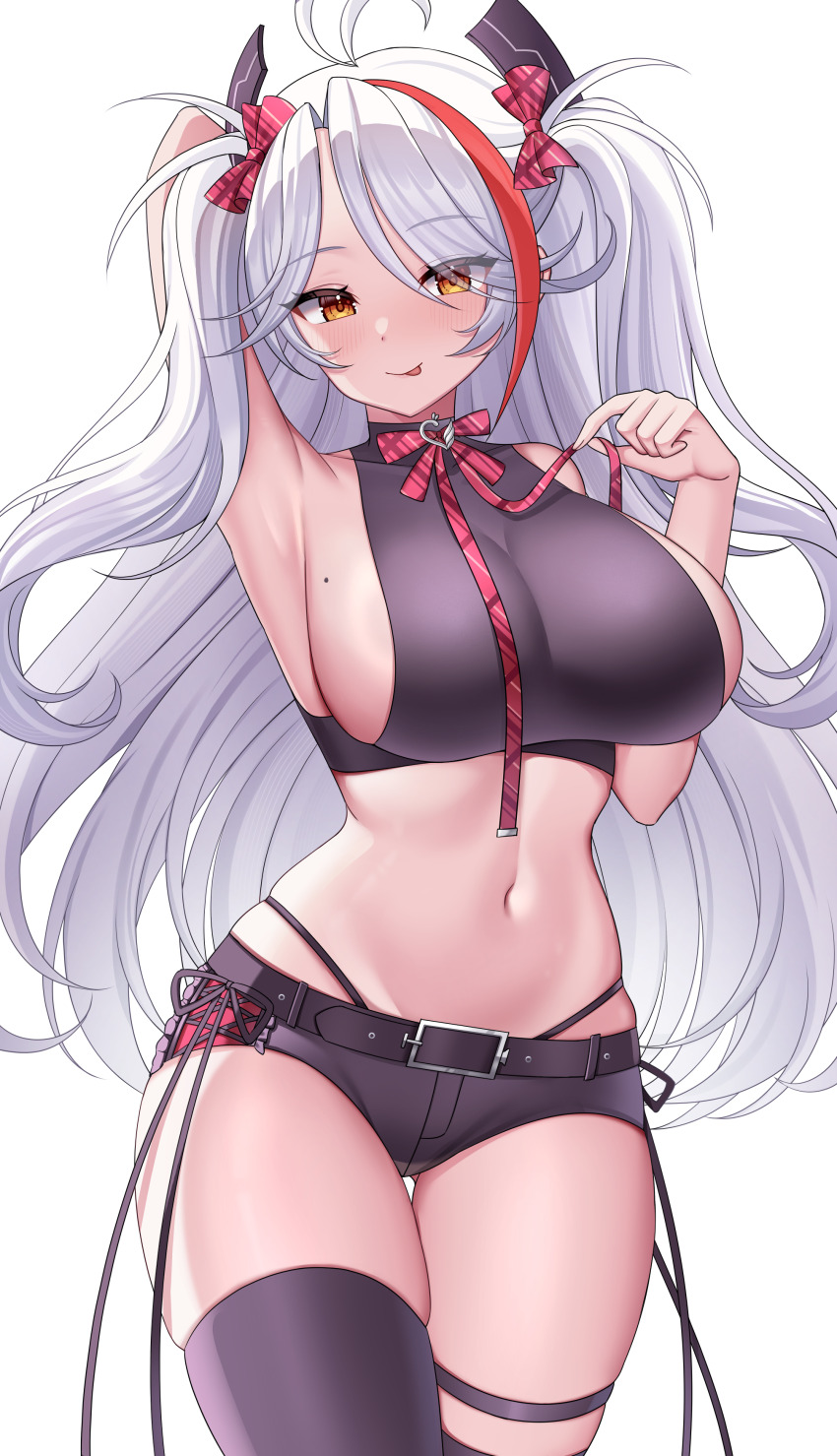 1girl, absurdres, antenna_hair, arm_up, armpits, azur_lane, bare_shoulders, belt, black_belt, black_shirt, black_shorts, black_thighhighs, blush, bow, bowtie, breasts, commentary, covered_collarbone, cowboy_shot, cropped_shirt, demcheg, hair_between_eyes, headgear, highleg, highleg_panties, highres, idol_clothes, large_breasts, long_hair, looking_at_viewer, midriff, mole, mole_on_breast, multicolored_hair, navel, official_alternate_costume, panties, plaid_bow, plaid_bowtie, plaid_clothes, plaid_ribbon, presenting_armpit, prinz_eugen_(azur_lane), prinz_eugen_(muse)_(azur_lane), red_hair, ribbon, shirt, short_shorts, shorts, sideboob, sideless_shirt, sidelocks, simple_background, skindentation, sleeveless, sleeveless_shirt, smile, solo, standing, streaked_hair, thigh_gap, thigh_strap, thighhighs, tongue, tongue_out, two_side_up, underwear, very_long_hair, white_background, white_hair, yellow_eyes