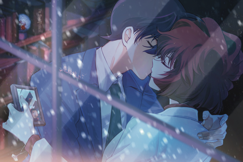 1boy, 1girl, black_hair, blue_jacket, bookshelf, brown_hair, closed_eyes, coat, collared_shirt, commentary_request, edogawa_conan, green_necktie, haibara_ai, height_difference, hetero, highres, indoors, jacket, kiss, kudou_shin'ichi, lab_coat, long_sleeves, meitantei_conan, miyano_shiho, necktie, open_clothes, portrait_(object), shirt, short_hair, snow, snow_globe, snowing, usagi_ringo, white_coat, white_shirt, window
