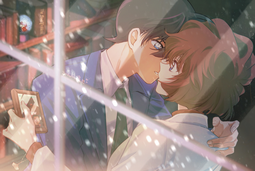 1boy, 1girl, black_hair, blue_eyes, blue_jacket, bookshelf, brown_hair, coat