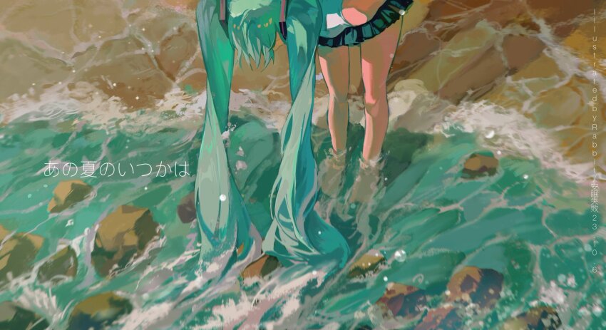 1girl, aqua_hair, barefoot, hatsune_miku, highres, jiatu, leaning_forward, ocean