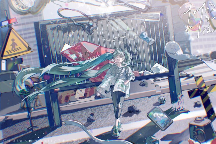 1girl, absurdly_long_hair, aqua_hair, camera, hand_in_pocket, hatsune_miku, highres, jacket