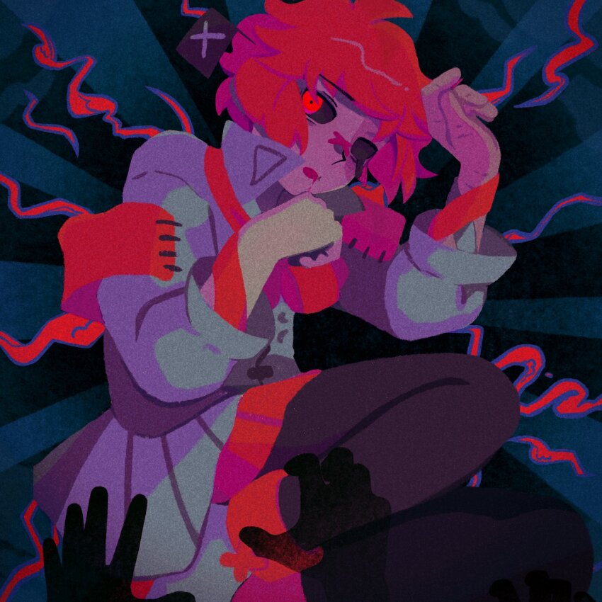 1boy, black_sclera, black_thighhighs, blood, coat, colored_sclera, commentary, commentary_request