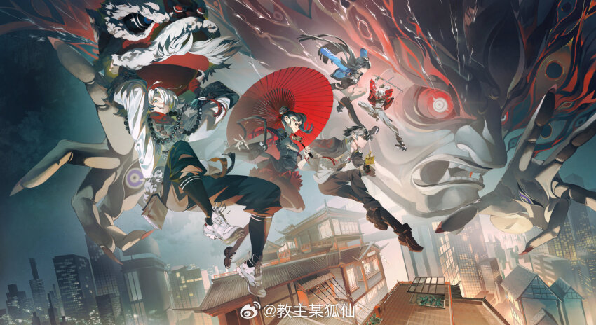 2boys, 3girls, :d, architecture, arms_up, bead_necklace, beads, black_coat