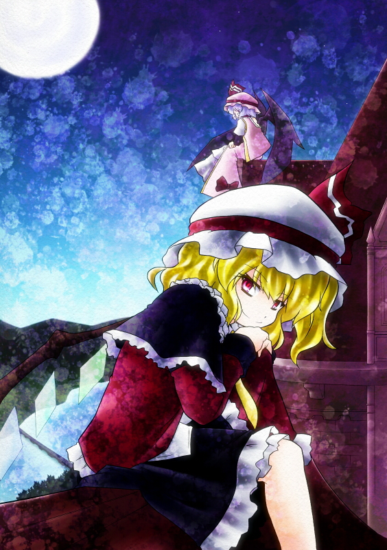 2girls, alternate_costume, bat_wings, blonde_hair, blue_hair, capelet, female_focus, flandre_scarlet, full_moon, hat, horikawakyo, moon, multiple_girls, red_eyes, remilia_scarlet, siblings, sisters, touhou, wings