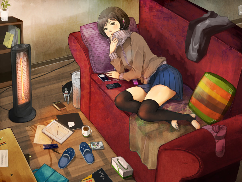 1girl, barefoot, black_thighhighs, blush, book, bookshelf, brown_eyes, brown_hair