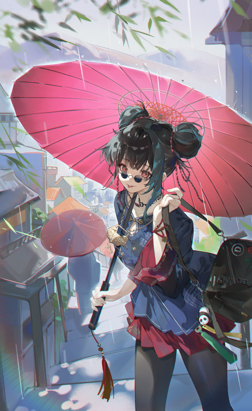 1girl, 1other, :p, absurdres, alley, architecture, bag, bag_charm