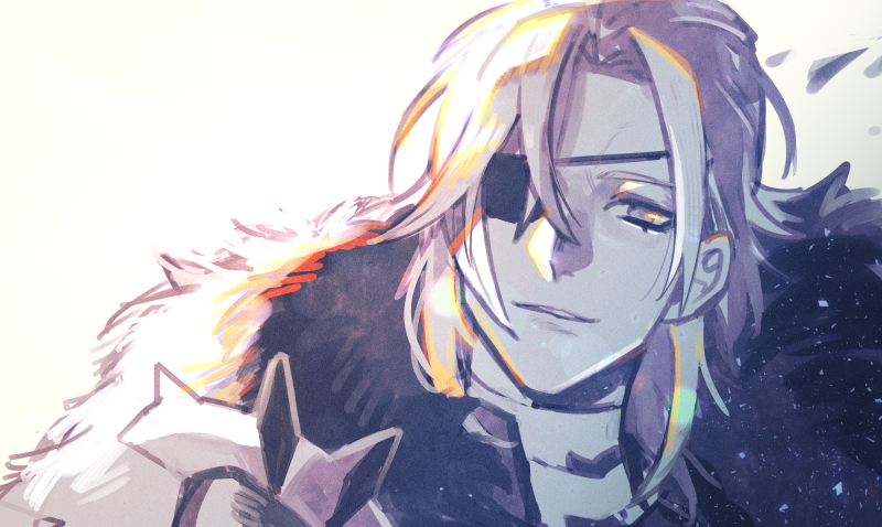 1boy, 33_gmk, armor, black_fur, commentary, dimitri_alexandre_blaiddyd, dimitri_alexandre_blaiddyd_(timeskip), eyepatch