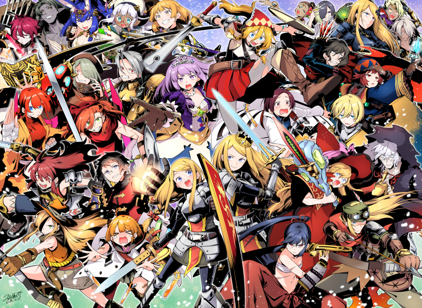 >_<, 6+boys, 6+girls, :d, absurdres, alchemist_(sekaiju), alchemist_2_(sekaiju), animal_ears, bard_(sekaiju), bard_5_(sekaiju), beret, blonde_hair, blue_hair, bow_(weapon), breasts, bushidou_(sekaiju), bushidou_2_(sekaiju), chest_sarashi, colored_skin, curse_maker, curse_maker_1, d:, dark-skinned_female, dark-skinned_male, dark_skin, doctor_magus, doctor_magus_4, etrian_odyssey, eyepatch, fencer_(sekaiju), fencer_2_(sekaiju), fortress_(sekaiju), fortress_4_(sekaiju), gloves, green_hair, grey_hair, grey_skin, grin, hair_between_eyes, hat, headscarf, herbalist_(sekaiju), herbalist_4_(sekaiju), hero_(sekaiju), hero_1_(sekaiju), highlander_1_(sekaiju_2), highres, holding, holding_shield, holding_sword, holding_weapon, katana, knit_hat, masurao_(sekaiju), masurao_4_(sekaiju), medic_(sekaiju), medic_(sekaiju_4), medic_2_(sekaiju), medic_3_(sekaiju_4), medic_5_(sekaiju), monk_(sekaiju), monk_4_(sekaiju), multiple_boys, multiple_girls, necromancer_(sekaiju), necromancer_1_(sekaiju), night_seeker_(sekaiju), night_seeker_3_(sekaiju), nikki_kyousuke, open_mouth, orange_hair, outstretched_arms, paladin_(sekaiju), paladin_2_(sekaiju), phalanx_(sekaiju), phalanx_4_(sekaiju), purple_hair, rabbit_ears, ranger_(sekaiju), ranger_1_(sekaiju), ranger_4_(sekaiju), reaching, reaching_towards_viewer, red_hair, rune_master_(sekaiju), rune_master_4_(sekaiju), sarashi, sekaiju_no_meikyuu, sekaiju_no_meikyuu_1, sekaiju_no_meikyuu_2, sekaiju_no_meikyuu_3, sekaiju_no_meikyuu_4, sekaiju_no_meikyuu_5, sekaiju_no_meikyuu_hd, sekaiju_no_meikyuu_x, sheath, sheathed, shield, smile, sovereign_(sekaiju), sovereign_4_(sekaiju), sword, swordsman_(sekaiju), swordsman_(sekaiju_4), swordsman_2_(sekaiju), swordsman_4_(sekaiju_4), tiara, tripping, warlock_(sekaiju), warlock_1_(sekaiju), warrior_(sekaiju), warrior_3_(sekaiju), weapon, white_hair, zodiac_(sekaiju), zodiac_3_(sekaiju)