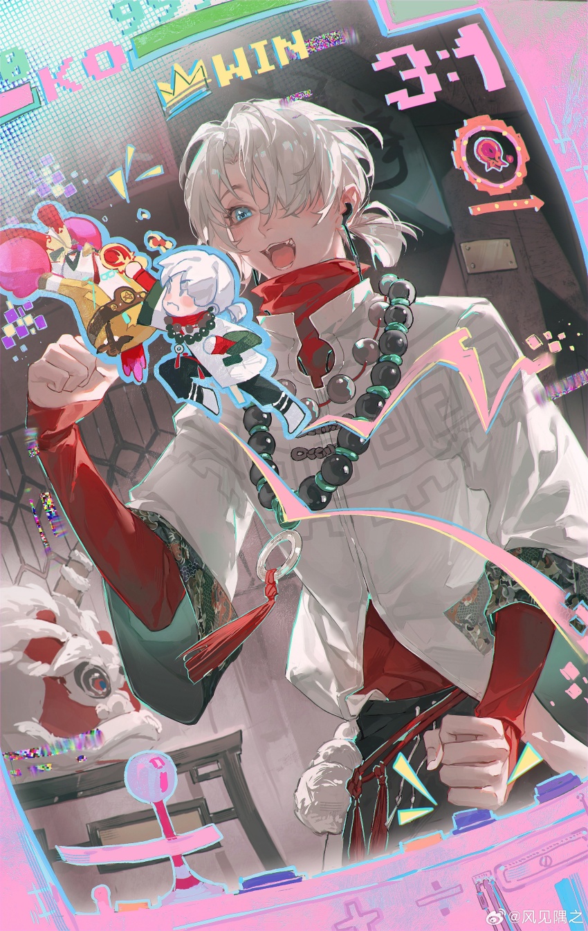 1boy, :d, absurdres, arcade_cabinet, bead_necklace, beads, blue_eyes, clenched_hand