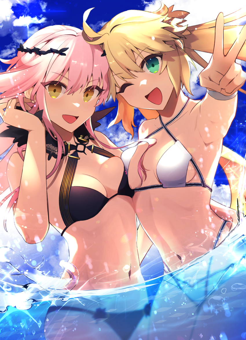 2girls, absurdres, ahoge, artoria_caster_(fate), artoria_caster_(swimsuit)_(fate), artoria_caster_(swimsuit)_(first_ascension)_(fate), artoria_caster_(swimsuit_berserker)_(first_ascension)_(fate), artoria_pendragon_(fate)