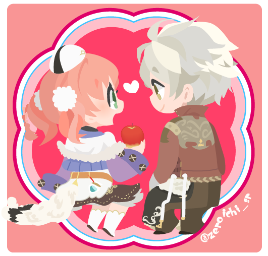 01_(zeroichi_srl), 1boy, 1girl, apple, atelier_(series), atelier_escha_&amp;_logy, black_skirt, border, brown_eyes, brown_pants, chibi, chibi_only, closed_mouth, escha_malier, eye_contact, food, from_behind, fruit, green_eyes, grey_hair, hat, heart, holding, holding_food, holding_fruit, invisible_chair, jacket, logix_ficsario, long_hair, long_sleeves, looking_at_another, no_lineart, open_mouth, pants, pink_background, pink_hair, profile, purple_jacket, red_jacket, short_hair, sitting, skirt, smile, tail, thighhighs, twintails, twitter_username, white_border, white_hair, white_thighhighs