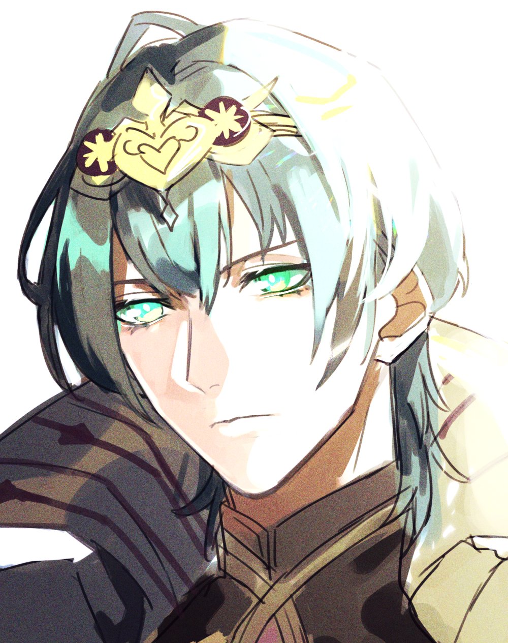 1boy, 33_gmk, black_shirt, cape, closed_mouth, collared_cape, collared_shirt, commentary, fire_emblem, fire_emblem:_three_houses, gold_tiara, green_eyes, hair_between_eyes, highres, looking_to_the_side, male_byleth_(awakened)_(fire_emblem), male_byleth_(fire_emblem), male_byleth_(enlightened_one)_(fire_emblem), male_focus, mystical_high_collar, nintendo, portrait, shirt, sideways_glance, simple_background, solo, tiara, white_background