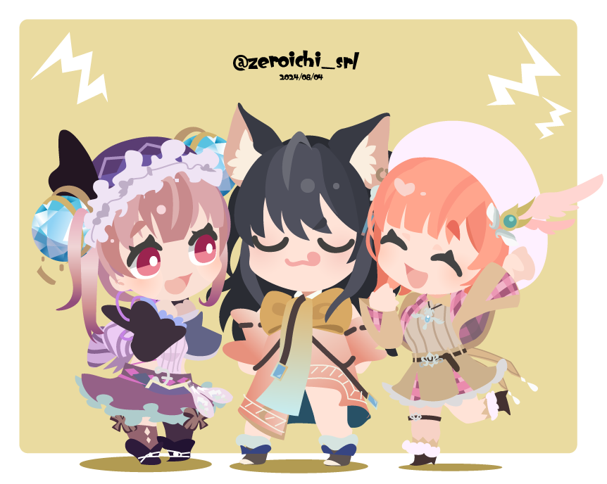 01_(zeroichi_srl), 3girls, :3, :d, :q, ahoge, animal_ears, arm_up