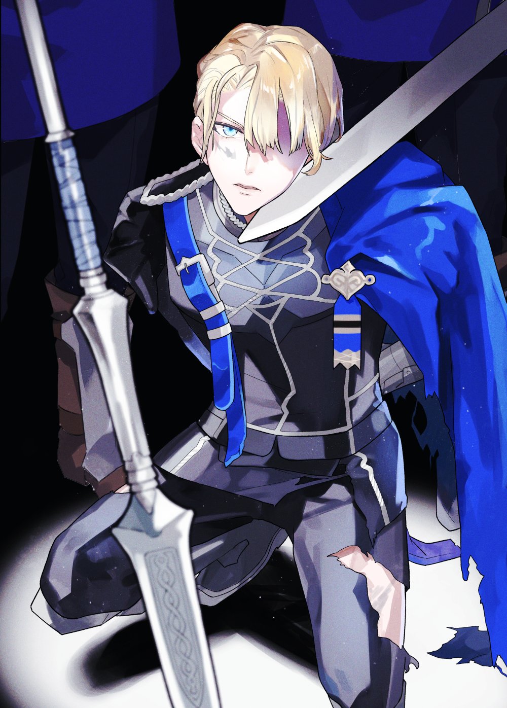 1boy, 33_gmk, armored_gloves, black_pants, black_shirt, blonde_hair, blue_cape, blue_eyes