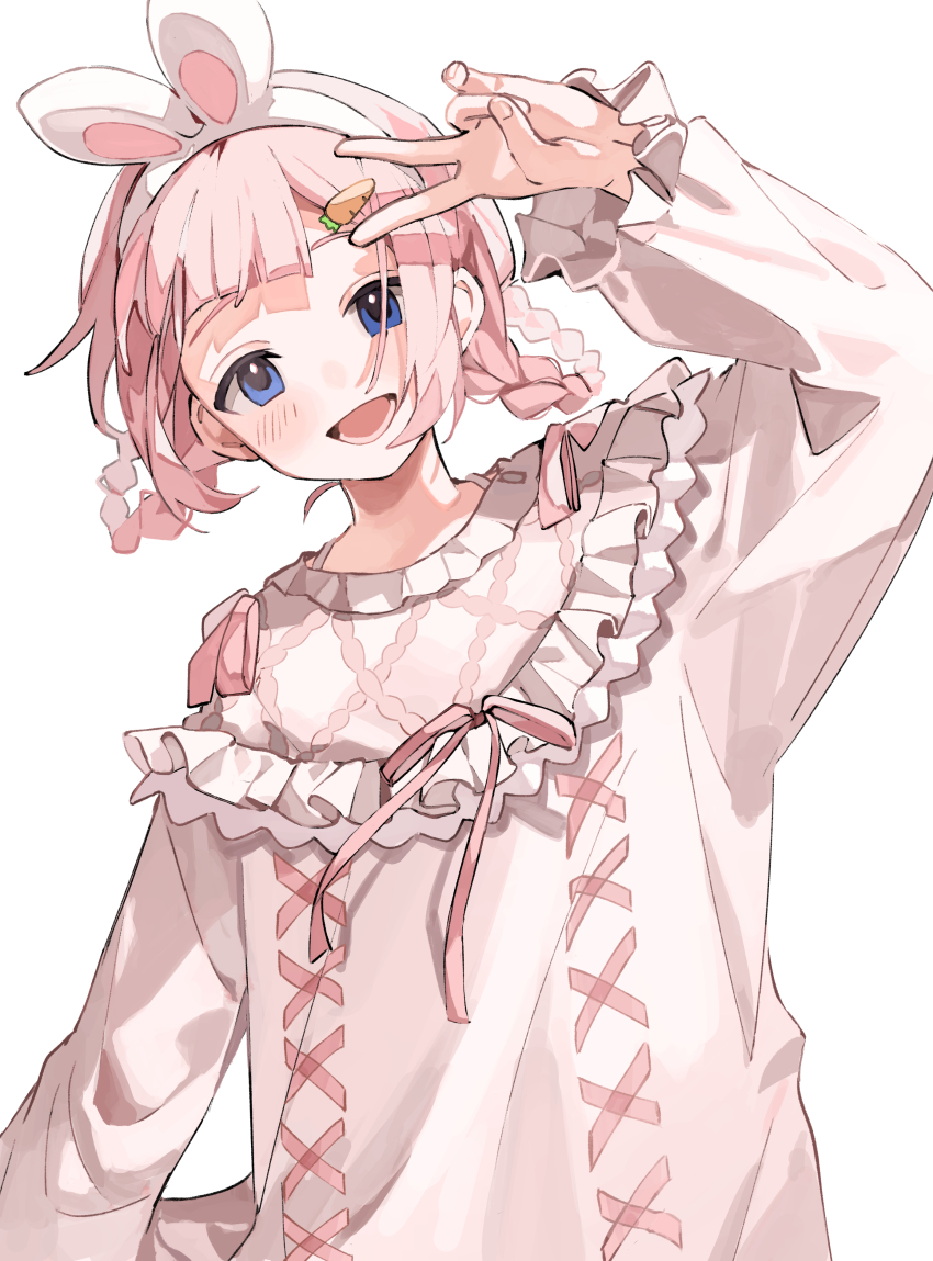 1girl, absurdres, animal_ear_hairband, animal_ears, arm_up, blue_eyes, blush, braid