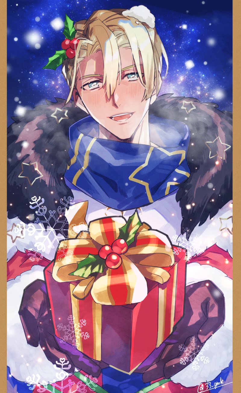 1boy, 33_gmk, berry, black_fur, black_gloves, blonde_hair, blue_eyes, blue_scarf