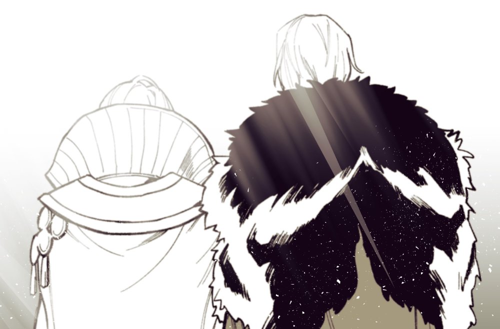2boys, 33_gmk, black_fur, cape, dimitri_alexandre_blaiddyd, fire_emblem, fire_emblem:_three_houses, fur-trimmed_cape, fur_trim, greyscale, high_collar, light_particles, light_rays, male_byleth_(awakened)_(fire_emblem), male_byleth_(fire_emblem), male_byleth_(enlightened_one)_(fire_emblem), male_focus, monochrome, multiple_boys, mystical_high_collar, nintendo, side-by-side, simple_background, sunbeam, sunlight, tassel, upper_body, white_background, white_fur