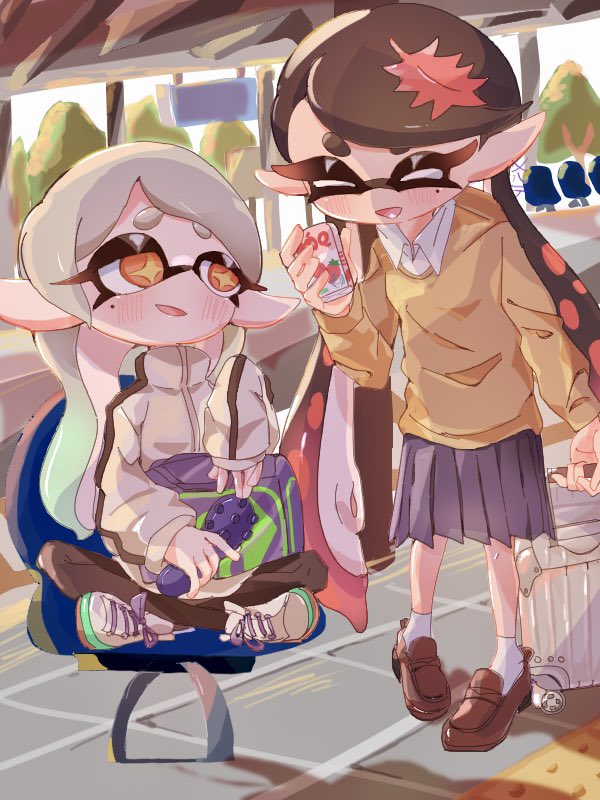2girls, :d, ^_^, black_hair, blue_skirt, blush, callie_(splatoon), cellphone