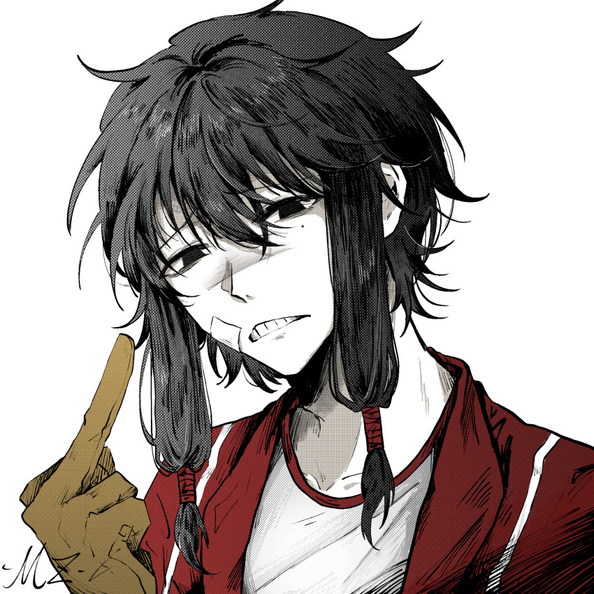 1boy, baitangmizhou, bandage_on_face, bandages, black_eyes, black_hair, chinese_commentary, clenched_teeth, commentary_request, highres, jacket, low-tied_sidelocks, male_focus, middle_finger, mole, mole_under_eye, open_clothes, open_jacket, red_jacket, red_trim, shirt, short_hair_with_long_locks, sidelocks, simple_background, solo, teeth, touqi_guaitan, white_background, white_shirt, ziche_fuzhao