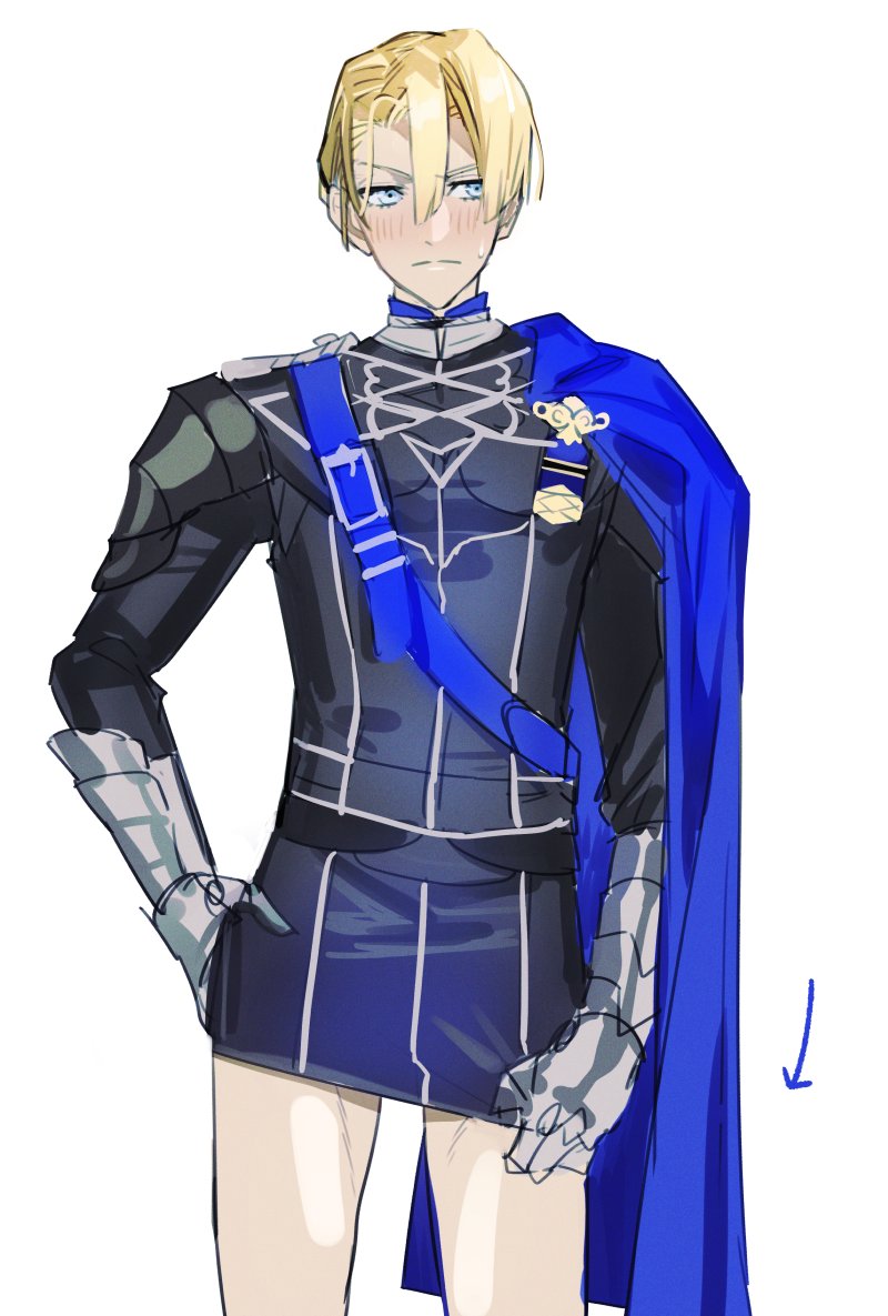 1boy, 33_gmk, armored_gloves, arrow_(symbol), belt, blonde_hair, blue_belt, blue_cape