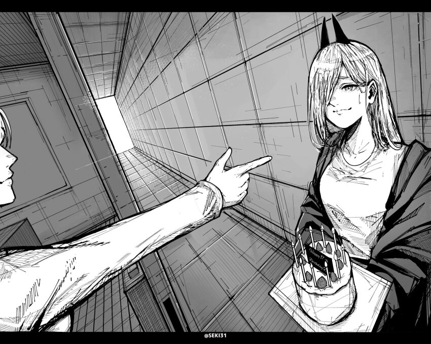 2girls, cake, candle, chainsaw_man, closed_mouth, commentary, cross-shaped_pupils, demon_horns