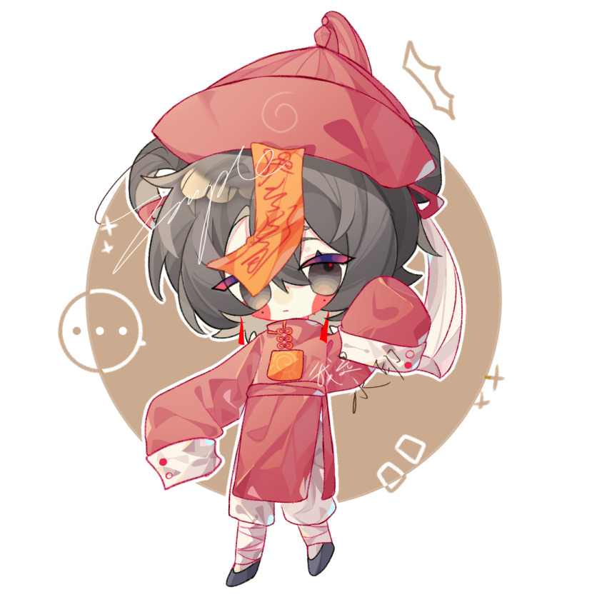 ..., 1girl, bandaged_leg, bandages, black_eyes, black_hair, black_shoes, blush_stickers