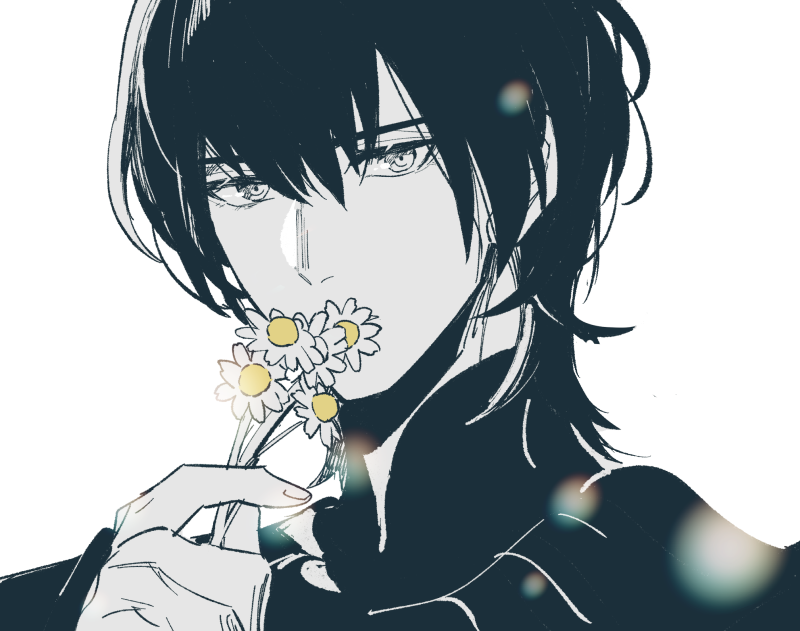 1boy, 33_gmk, arm_up, armor, black_armor, male_byleth_(fire_emblem), chamomile, commentary, covered_mouth, fire_emblem, fire_emblem:_three_houses, flower, gorget, hair_behind_ear, hair_between_eyes, holding, holding_flower, limited_palette, looking_at_viewer, male_focus, nintendo, portrait, simple_background, solo, white_background, white_flower
