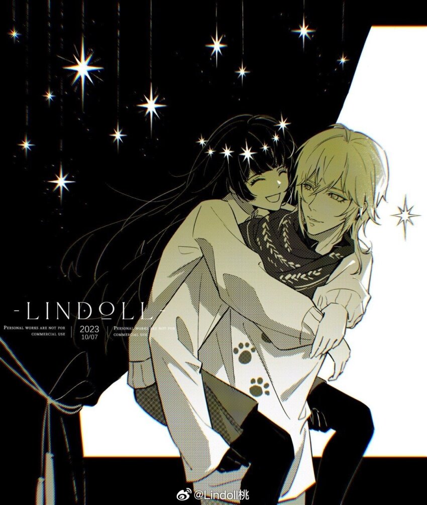 1boy, 1girl, :d, ^_^, alkaid_mcgrath, alkaid_mcgrath_(morning_mist), artist_name, blunt_bangs, cardigan, carrying, closed_eyes, collared_shirt, curtains, dated, facing_another, feet_out_of_frame, gloves, hair_between_eyes, head_wreath, heroine_(lovebrush_chronicles), highres, light_particles, lindoll, long_hair, long_sleeves, looking_at_another, looking_back, lovebrush_chronicles, medium_hair, monochrome, open_mouth, pantyhose, parted_lips, paw_print, piggyback, pleated_skirt, scarf, shirt, skirt, smile, standing, star_(symbol), upper_body, watermark, weibo_watermark, white_background