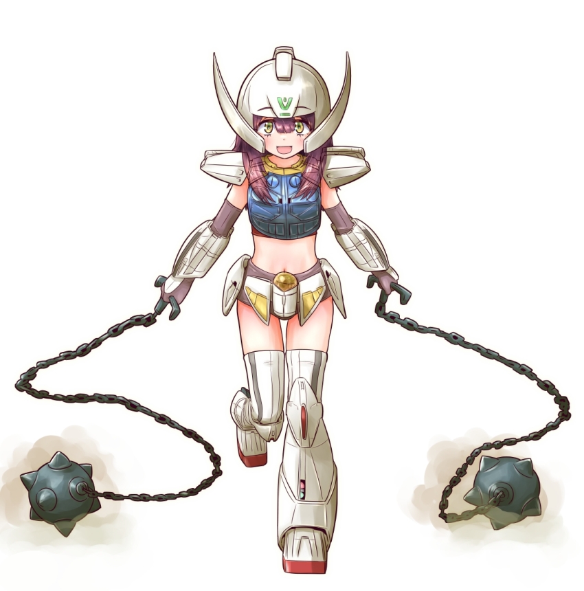 1girl, :d, ball_and_chain_(weapon), chain, commentary_request, cosplay, dot_nose, gundam, helmet, holding, holding_chain, jagi_(jagi_souken), long_hair, looking_at_viewer, midriff, navel, open_mouth, purple_hair, simple_background, smile, solo, toki_ayano, turn_a_gundam, turn_a_gundam_(mobile_suit), turn_a_gundam_(mobile_suit)_(cosplay), walking, weapon, white_background, yellow_eyes, yurucamp